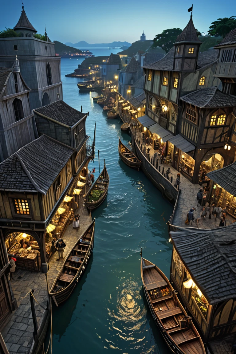 ((Faça uma ilha PIRATE, uma cidade na ilha PIRATE)) (foto 1 -Faça a primeira imagem com a  view from above da ilha) ( photo 2- Take inside the streets of the city's market ,  show stalls and bars ) (medieval, PIRATE) (time: night)  (Setting, detailed, 8k,  medieval fantasy, landscape)  (cidade PIRATE na ilha) ( angle inside and above the city , Photo variation ) (Do water streets  + over the sea) + (anightcer, barcos PIRATE no final) (Negatives: castle)) ( view from above) 