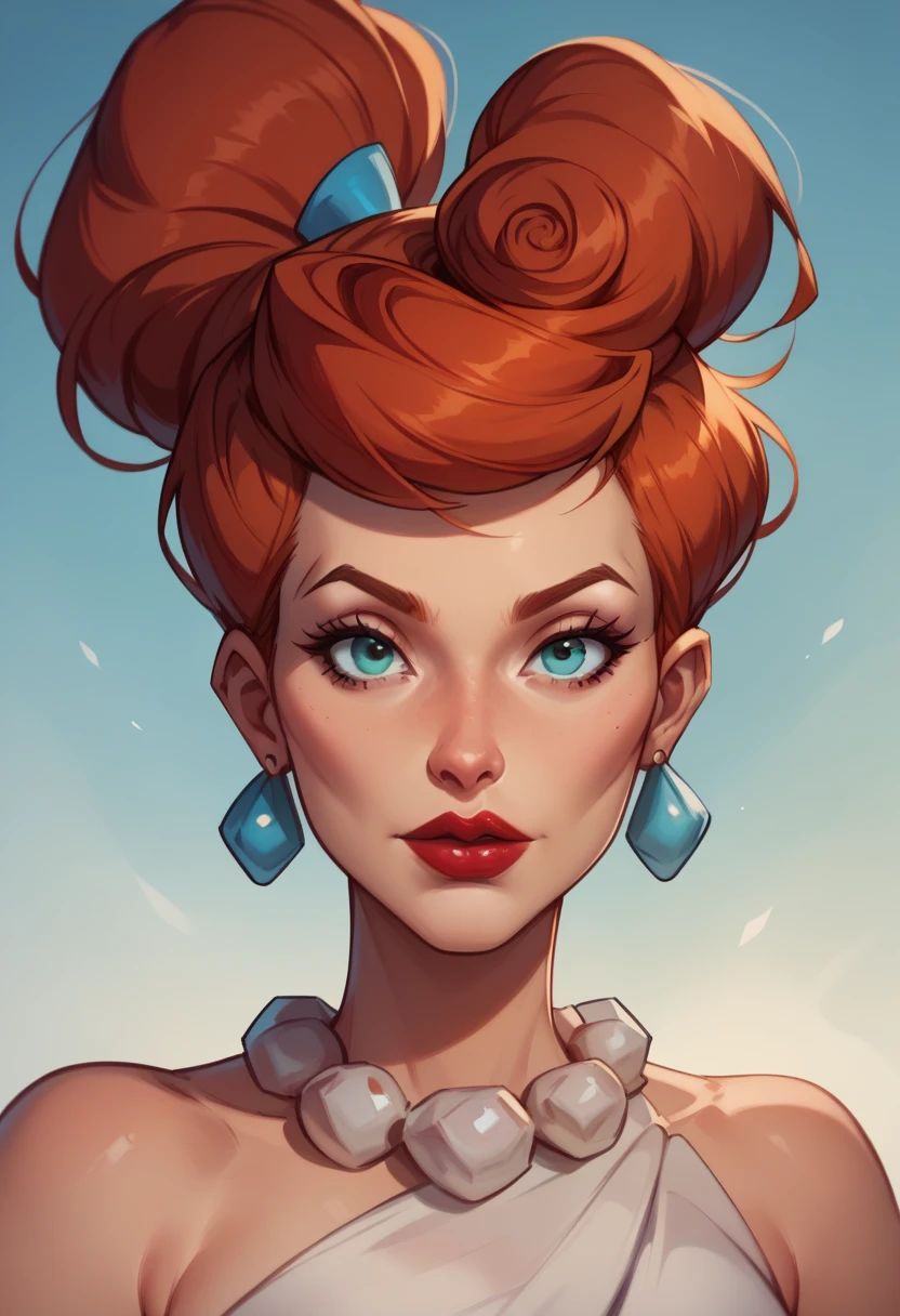 ((masterpiece, best quality)),(complex lighting) ,upper body, solo, Wilma flintstone, red hair, ponytail, white dress, pearl necklace, lipstick, gradient background, looking at viewer,