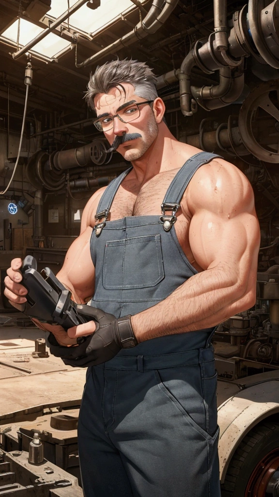 older man(space captain), wearing futuristic captain's uniform insignia (neon and black) (open and revealing) (latex) , gray hair, broad shoulders, round belly, scifi spaceship captain uniform, neon lights, best quality elegant masterpiece, military buzzcut, dark mustache, gray stubble, latex, naked, futuristic gear equipment, wearing see through plastic chest armor (neon yellow and electric blue), wearing neon yellow see through chest armor, wearing electric blue latex chaps(see-through) , wearing cool neon sneakers,in spaceship cockpit, lying in spaceship sleeping quarters(bed), smiling with teeth showing, waiting in bed, glowing armor, hairy pecs, thick long legs, silver hair, thick hard penis