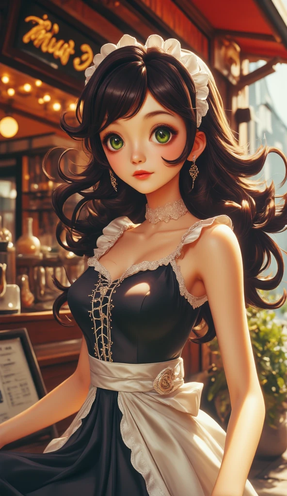 
A close-up portrait of a young Korean woman from the waist up, standing confidently in front of a coffee shop façade. She has long, flowing black hair that moves gracefully in the wind, her emerald green eyes shining brightly with a captivating and mysterious gaze. Her skin is smooth and radiant with a slight rosy glow. She wears a sexy maid coffee outfit, consisting of a fitted black dress with white lace accents, a frilly white apron tied neatly around her waist, and a small white headband adorned with lace details. The outfit complements her slim figure and elegant posture, drawing attention to her graceful arms resting naturally. The background shows the façade of a cozy, modern coffee shop, with a warm wooden signboard and glass windows revealing a soft-lit interior. The overall ambiance is vibrant yet intimate, with details like a menu board outside and a few scattered plants adding charm to the scene. The lighting is soft and natural, emphasizing the character's striking features while maintaining a realistic aesthetic.  
(anime style 32K, 3d, HDR, UHD, intricate detail, extremely intricate detail, hyperrealistic, extremely realistic, high quality,   vivid color  , extremely detailed).