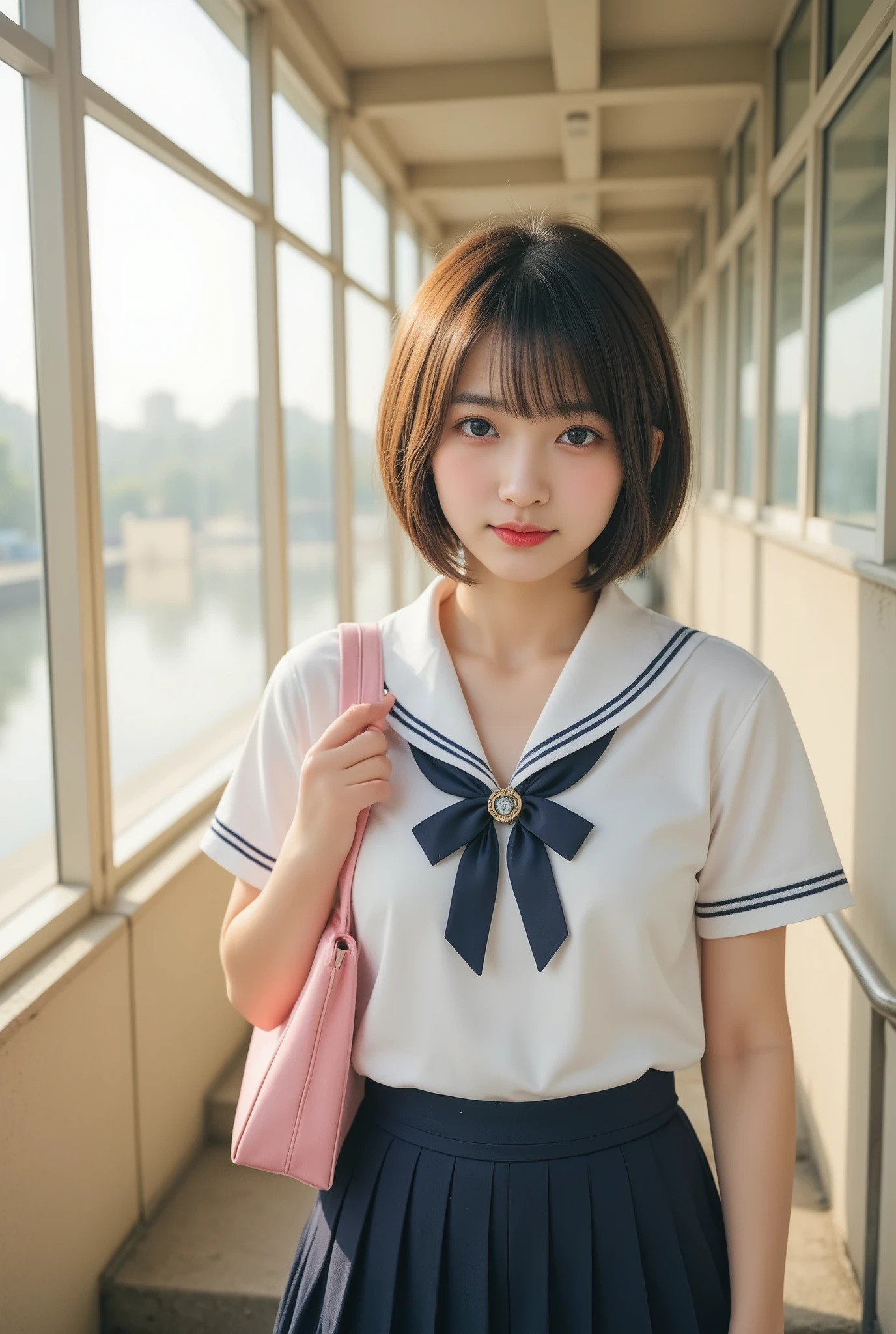 A serene morning in Japan, capturing the essence of a typical school day. A beautiful Japanese high school girl, dressed in a neatly pressed uniform with a pleated navy-blue skirt and a crisp white blouse, ascends the station’s sunlit staircase. Her school bag, adorned with a small charm, sways gently as she climbs. The early morning light filters through the glass panels, casting soft golden hues on the scene. Around her, the bustling yet orderly atmosphere of the station unfolds: the rhythmic sound of footsteps, the faint announcements of arriving trains, and the chatter of commuters. Her expression is one of quiet determination, reflecting the start of another day filled with learning, friendships, and dreams. 

Cow pattern pastel school uniform,
in water side,