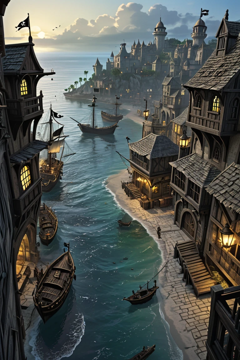  Make a pirate island ,  a beach city over the sea ,  seen from an angle from above inside the city streets, dusk,  sea and large pirate boats at the end of the coast ,  environment hostile environment + dangerous bringing a pirate air , medieval structure . 