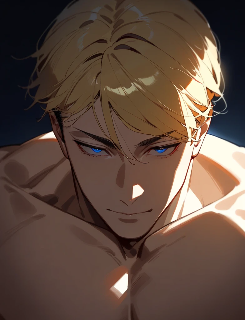 ((masterpiece)), ((best quality)), (head-on, head-on: 1.32), (close-up: 1.36), (half-body shot: 1.36), perfect anatomy, 1 single man, adult man, muscular, extremely short yellow hair, one blue eye, one red eye, weak smile, front lighting