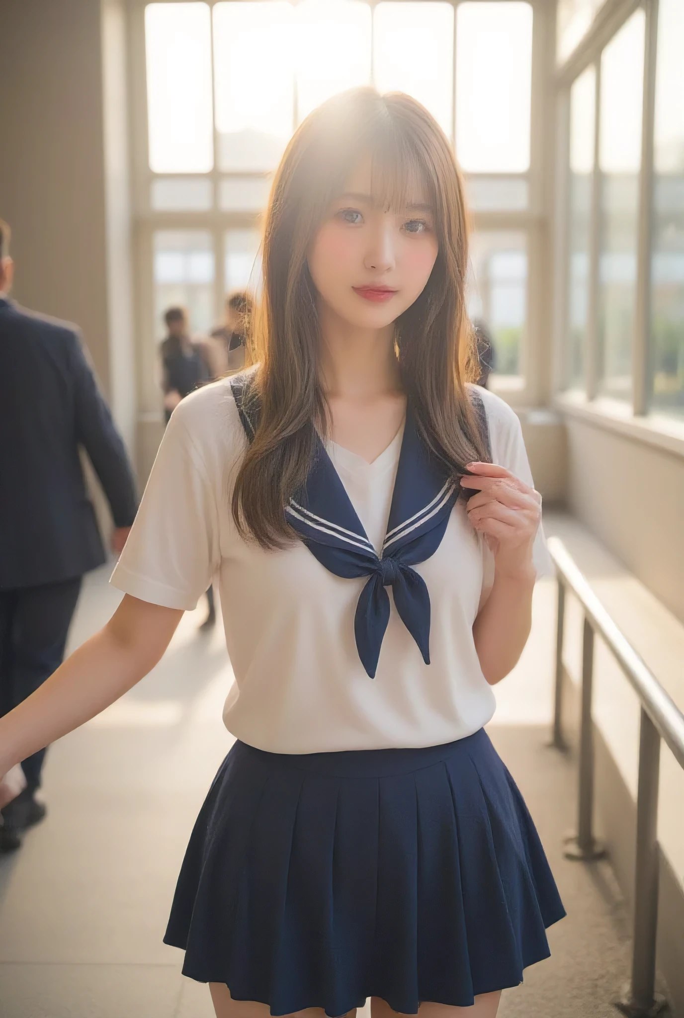 A serene morning in Japan, capturing the essence of a typical school day. A beautiful Japanese high school girl, dressed in a neatly pressed uniform with a pleated navy-blue skirt and a crisp white blouse, ascends the station’s sunlit staircase. Her school bag, adorned with a small charm, sways gently as she climbs. The early morning light filters through the glass panels, casting soft golden hues on the scene. Around her, the bustling yet orderly atmosphere of the station unfolds: the rhythmic sound of footsteps, the faint announcements of arriving trains, and the chatter of commuters. Her expression is one of quiet determination, reflecting the start of another day filled with learning, friendships, and dreams.
Cow pattern pastel school uniform,
in water side,