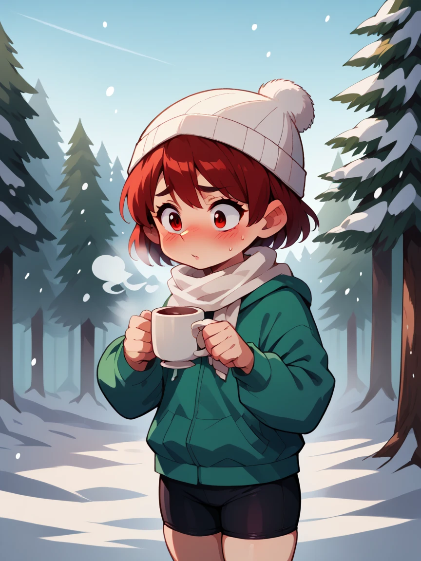 score_9, score_8_up, score_7_up, score_6_up, score_5_up, score_4_up, kakigori, 1girl, Enti, red hair, short hair, red eyes, hoodie, green hoodie, black shirt, bike shorts, white beanie, white scarf, cold, breath, nose blush, outdoors, snow, holding steaming hot cocoa, snowing, nature, snow covered tree