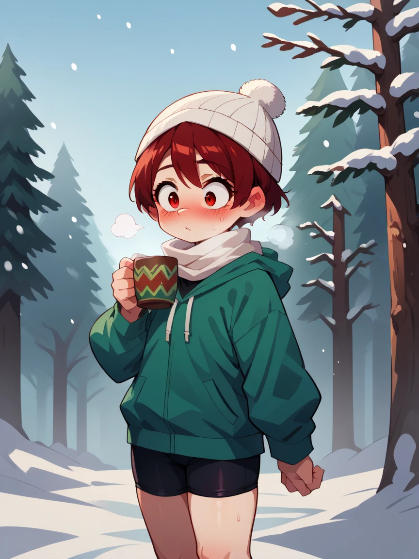 score_9, score_8_up, score_7_up, score_6_up, score_5_up, score_4_up, kakigori, 1girl, Enti, red hair, short hair, red eyes, hoodie, green hoodie, black shirt, bike shorts, white beanie, white scarf, cold, breath, nose blush, outdoors, snow, holding steaming hot cocoa, snowing, nature, snow covered tree