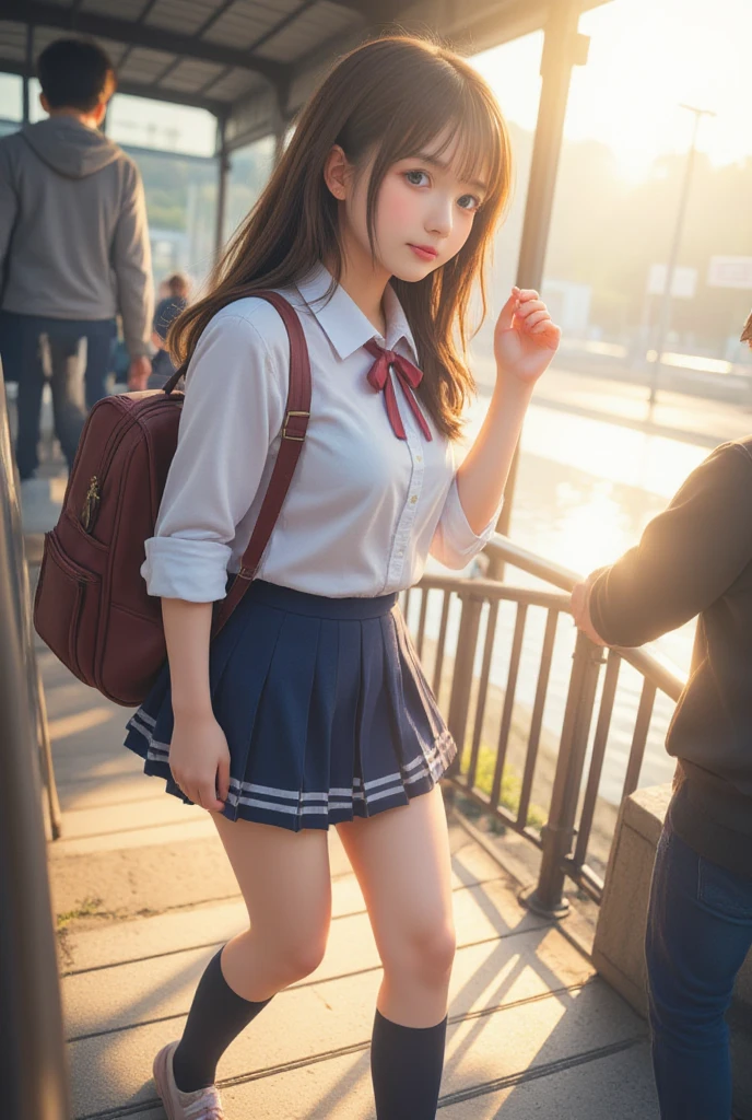 A serene morning in Japan, capturing the essence of a typical school day. A beautiful Japanese high school girl, dressed in a neatly pressed uniform with a pleated navy-blue skirt and a crisp white blouse, ascends the station’s sunlit staircase. Her school bag, adorned with a small charm, sways gently as she climbs. The early morning light filters through the glass panels, casting soft golden hues on the scene. Around her, the bustling yet orderly atmosphere of the station unfolds: the rhythmic sound of footsteps, the faint announcements of arriving trains, and the chatter of commuters. Her expression is one of quiet determination, reflecting the start of another day filled with learning, friendships, and dreams. 

Cow pattern pastel school uniform,
in water side,