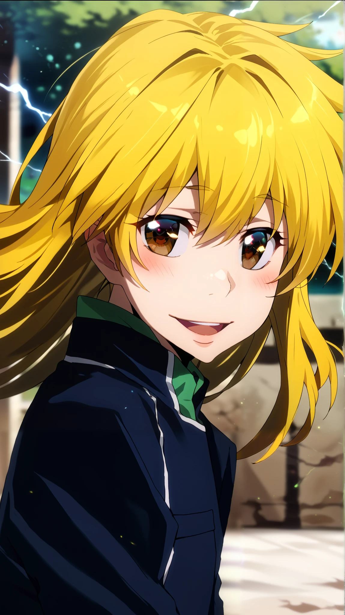  1 girl fights,  clear focus ,  soft lighting , ( Very detailed face  ), ( very detailed eyes  ),  в профиль, 1 adult girl , кареглазая  blonde  ,  Depth of field  , ((  looks at the viewer )),  open mouth , smile,  smiles,  half-turned  (( long yellow hair develops in the wind,  long blond hair to the waist )), shorts,  long sleeves,  brown eye  , khaki top  (( military protective top )) , shorts,  black leather thigh length boots  , in the anime style katekyo hitman reborn  ,  against green electric lightning ,  electrical discharges around the body , blush, blushed,  Smile ,  open mouth , open lips, language, ярко-жёлтый цвет волос, вид в профиль