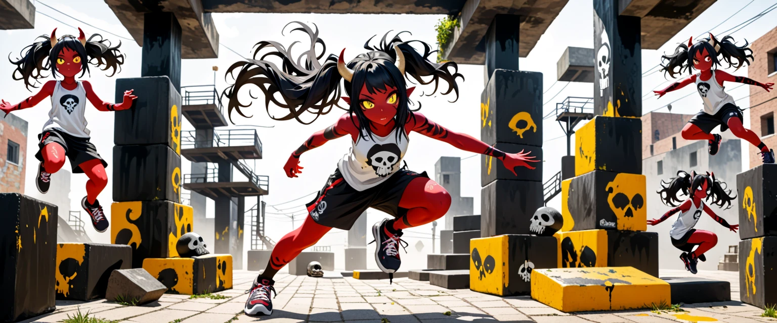 small Demon Girl with medium long black hair with white streaks , (oily messy hair) , (ponytails), skull color deamon horns, snake yellow eyes, red skin, full body view, does parkour over various objects