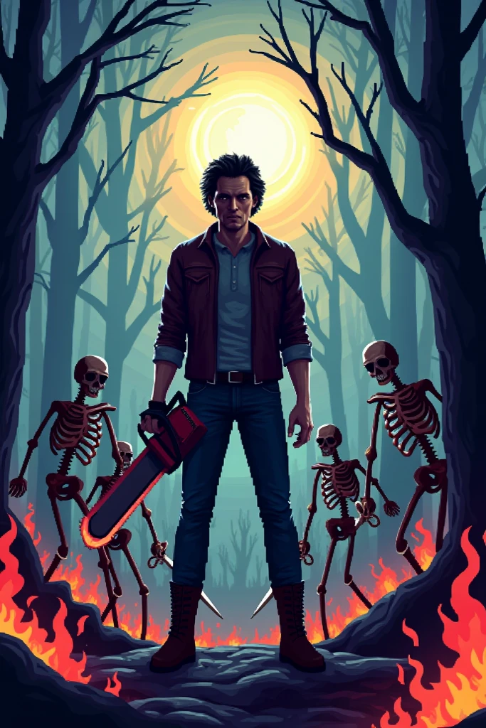 A man of 2 m 90 cm tall, he has fair skin, short blond hair, no beard, blue eyes and is wearing a white dress shirt, a pink sweater, vest, brown pants and black hiking boots. He is holding in his left hand a flaming axe and in his other hand a human head. His hands are covered in blood, as is the ground. He is in a forest with blue flowers. There is a shadow behind him and the bodies of hanged monsters.
