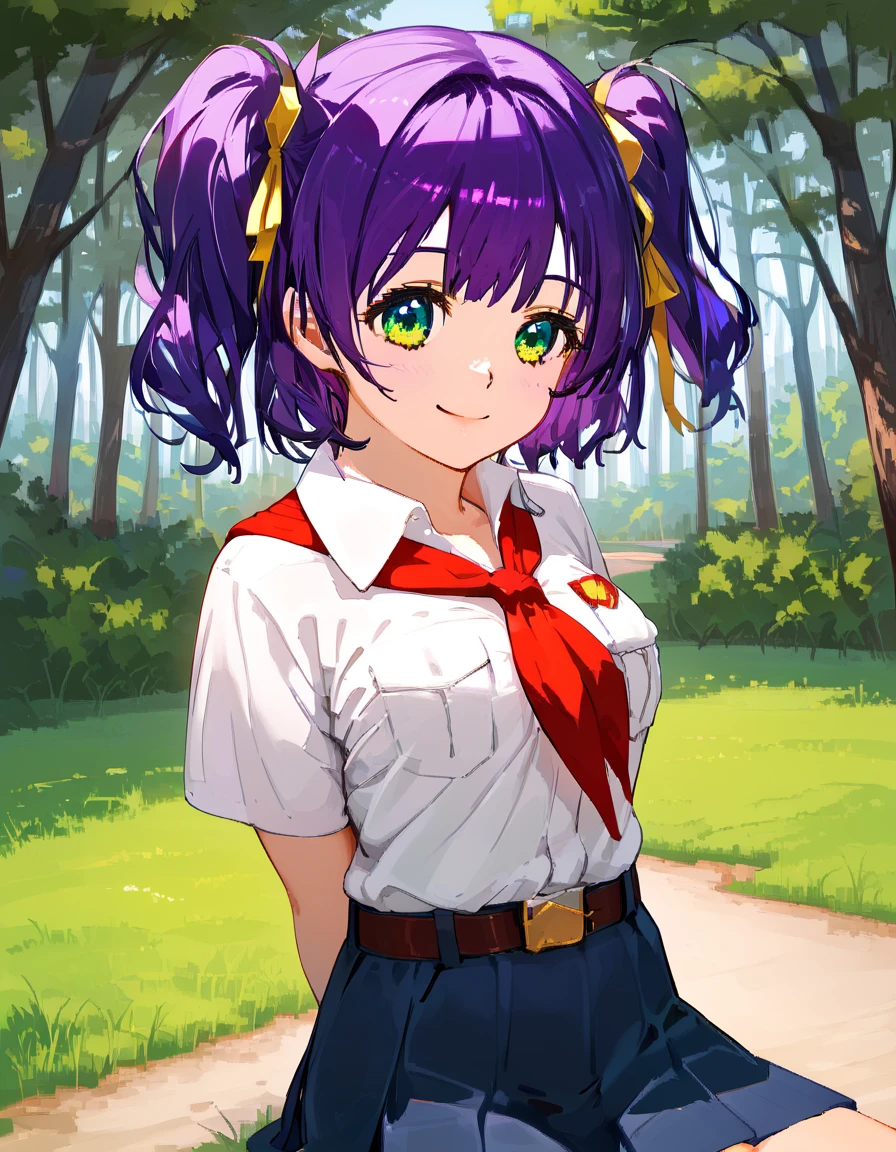 (masterpiece), best quality, score_7_up, score_8_up, score_9, source_anime, 
BREAK, 
1girl, two heads, solo, lena, short hair, purple hair, twintails, short twintails, two side up, green eyes, medium breasts, adult, smile, smooth body, shiny skin, perfect face, detailed eyes, 
BREAK, 
white shirt, collared shirt, short sleeves, breast pockets, red neckerchief, belt, blue skirt, pleated skirt, arms behind back, pose, 
BREAK, 
tree, bush, path, visual novel background, CG background, day, forest, outdoor scenery, detailed background, sharp-focus, super detail, 
BREAK, 
vibrant colors, intricate, ornate, stunning, highly detailed, dehazed, atmospheric, highres, cowboy shot, from below, from front, sitting on grass