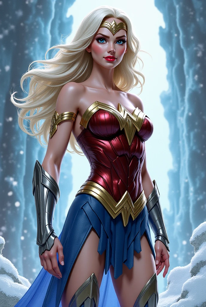 wonderwoman, long long gorgeous shining blonde hair, slender body, latex, leotard, red costume, enveloped cold storm, white cold air, (in frying many ice bullets), trapped in ice, (she is frozen in ice), ice cube is covering her, body frozen, limbs frozen, hair frozen, all over frozen, intense blizzard space distorted, cruelly, (painful), helpless, (screaming in pain), (screaming in ice prison), eyes closed, gritting teeth, suffering, (lying face up), spreading hands, lifting feet off the ground, being blow through the air, ((ice rain hiting her hard)), seen many ice explosion, explosion hitting her, in land of ice