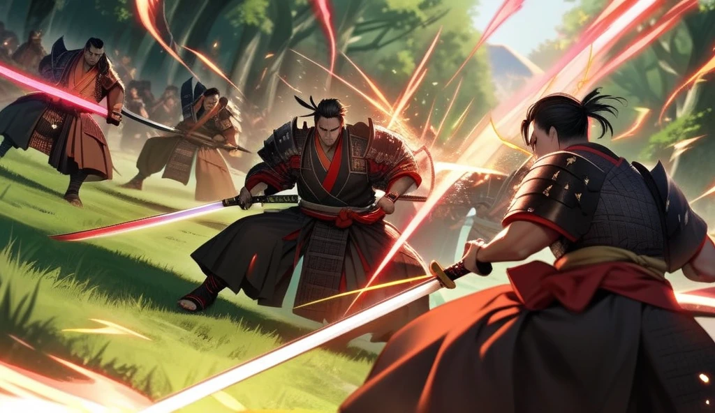 A highly detailed and dynamic scene of a handsome young Japanese samurai in a furious battle against five evil samurai. The central figure, wearing a traditional red kimono with intricate patterns and black hakama pants, exudes a fearless and determined aura. His long, dark hair, tied back, flows slightly as he moves with intensity. He wields a finely crafted katana with precision and strength, clashing swords with his enemies. The evil samurai wear dark, menacing armor and attack him from multiple directions. The battle takes place in a lush green meadow near a forest, with sunlight casting dramatic shadows and highlighting the chaotic energy. Sparks fly as swords collide, and the ground shows signs of the fierce struggle. In the background, more attackers rush forward, creating a sense of urgency and danger, while the young samurai stands his ground with unwavering courage.