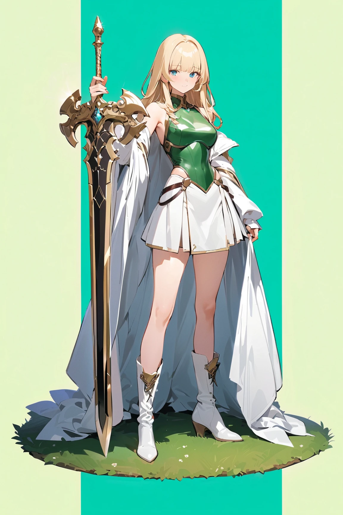 (((Best Quality))) , ((full body)), female, character design, solo, (white background), holding sword, gauntlets, waist armor, thigh high, side slit trench skirt, blue, leotard, green, violet, brown, orange, white, colorful outfit, vest, bare arms, bareback, tactical vest, Bust Bodice, (((Best Quality))) , ((full body)), female, character design, solo, (white background), holding staff, gauntlets, waist armor, thigh high, side slit trench skirt, blue, green, violet, brown, white, colorful outfit, bare arms, bareback, Bust Bodice, bare waist,