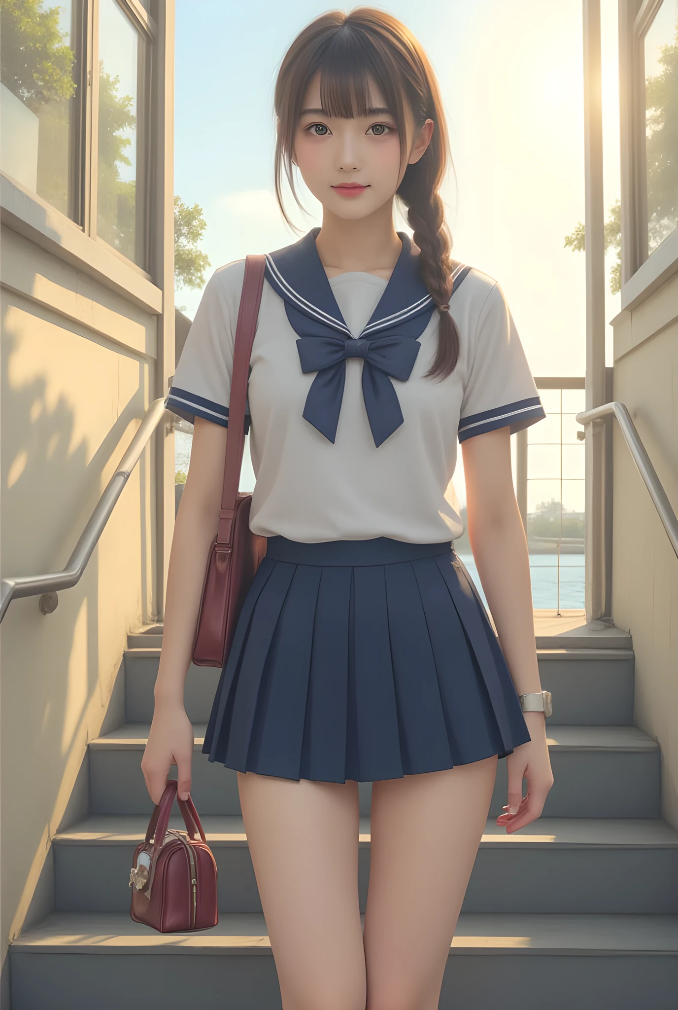 Photorealistic,Raw photo, 8K, A serene morning in Japan, capturing the essence of a typical school day. A beautiful Japanese high school girl, dressed in a neatly pressed uniform with a pleated navy-blue skirt and a crisp white blouse, ascends the station’s sunlit staircase. Her school bag, adorned with a small charm, sways gently as she climbs. The early morning light filters through the glass panels, casting soft golden hues on the scene. Around her, the bustling yet orderly atmosphere of the station unfolds: the rhythmic sound of footsteps, the faint announcements of arriving trains, and the chatter of commuters. Her expression is one of quiet determination, reflecting the start of another day filled with learning, friendships, and dreams. 

Cow pattern pastel school uniform,
in water side,