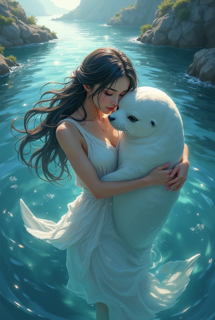 ((line-art Anime, manga aesthetic, highly detailed, vibrant colors, dynamic lighting, soft shading, 8k resolution, masterpiece)),(((1girl_seal:1.2)))A woman emerging from water, with a seal climbing up beside her to embrace her, symbolizing harmony and connection. The woman has long, flowing hair, wearing a simple, elegant dress that drapes gently around her body, creating a sense of ethereal beauty. The seal, with smooth fur and expressive eyes, gently wraps its flippers around her in a tender embrace. The scene is set in a serene, mystical landscape with soft, glowing light filtering through the water. The background is filled with gentle waves and mist, creating a peaceful atmosphere. The scene is highly detailed with dynamic lighting and vibrant colors, bringing out the contrast between the dark depths of the water and the illuminated figure of the woman and the seal. The art style is anime-inspired with manga aesthetics, soft shading, and vibrant hues that make the characters stand out beautifully. The image is rendered in 8k resolution, creating a sense of depth and intricacy in every detail, showcasing the masterpiece of this serene, magical moment."