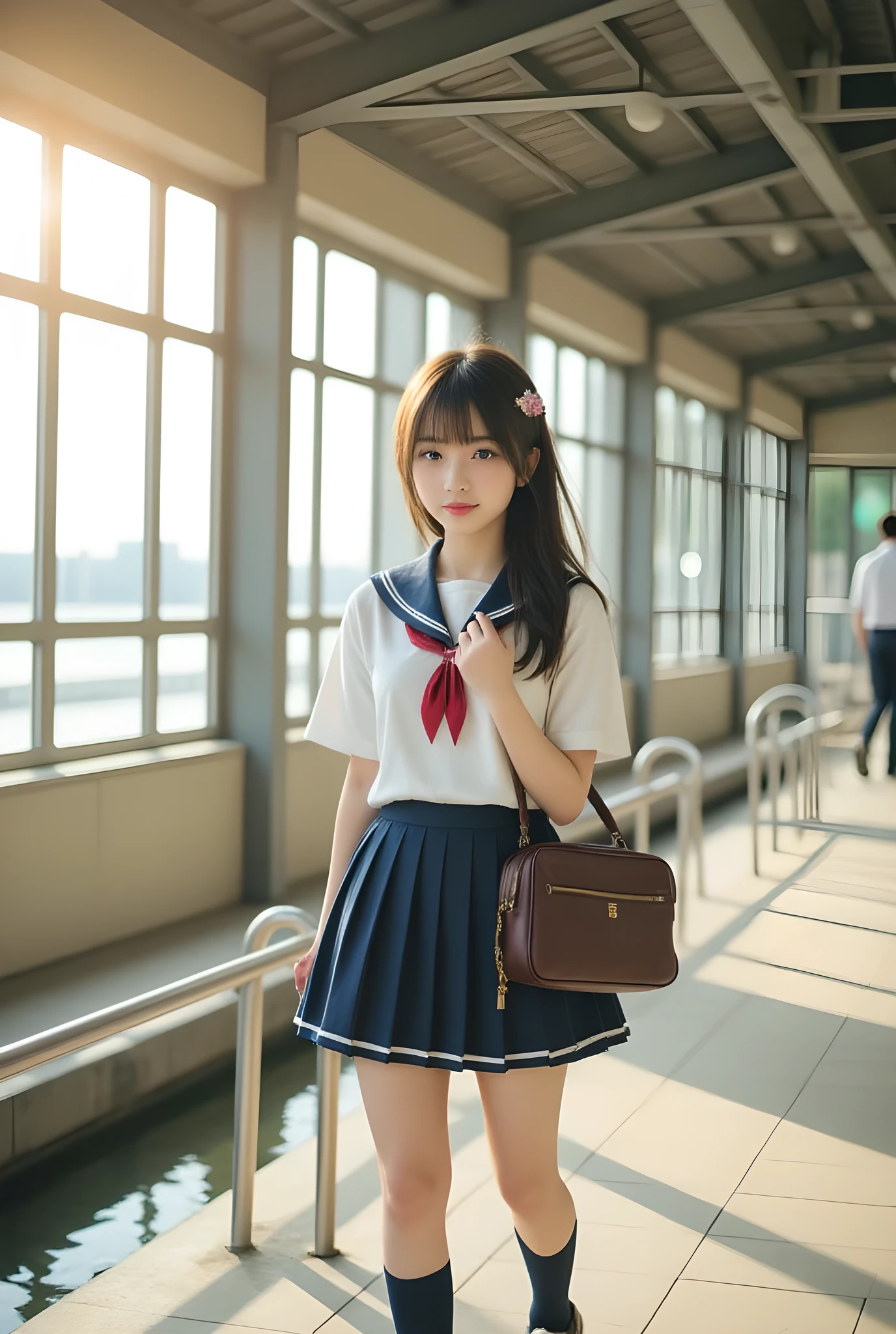 Photorealistic,Raw photo, 8K, A serene morning in Japan, capturing the essence of a typical school day. A beautiful Japanese high school girl, dressed in a neatly pressed uniform with a pleated navy-blue skirt and a crisp white blouse, ascends the station’s sunlit staircase. Her school bag, adorned with a small charm, sways gently as she climbs. The early morning light filters through the glass panels, casting soft golden hues on the scene. Around her, the bustling yet orderly atmosphere of the station unfolds: the rhythmic sound of footsteps, the faint announcements of arriving trains, and the chatter of commuters. Her expression is one of quiet determination, reflecting the start of another day filled with learning, friendships, and dreams. 

Cow pattern pastel school uniform,
in water side,