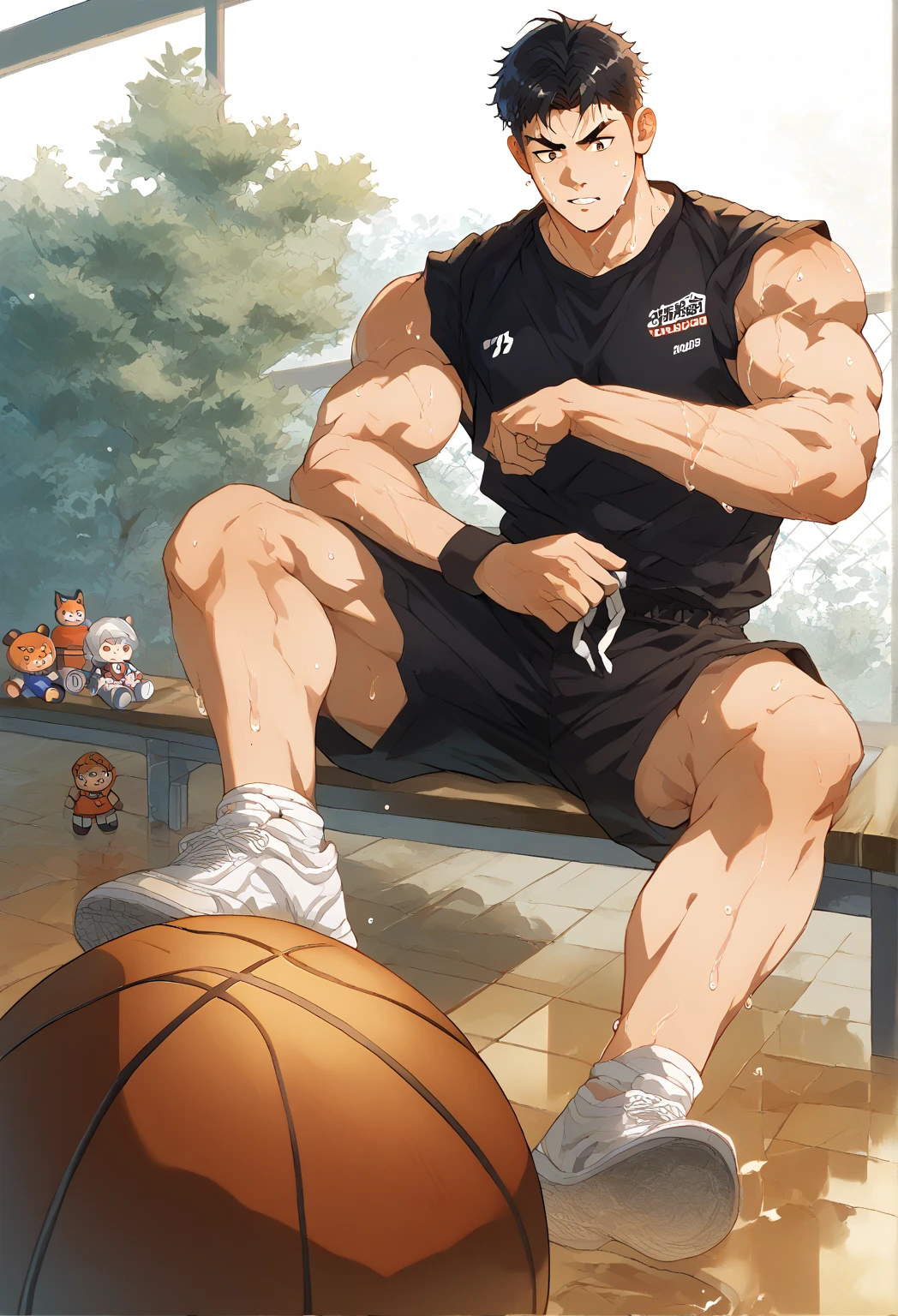 foot,  1 boy  ,  abdominal muscles  ,仅have的,  bare shoulders  ,赤foot,  basketball  ,Black hair,black shirt,black   shorts  ,black shirtกั๊ก, polishing  ,foot,foot部焦点,  shortest leg  ,have, male focus ,  strapped muscles  ,  strapped muscles   female,  strapped muscles   male, chest muscle ,shirt,Short hair,  shorts  ,sit,ถอดถุงfootของคุณออก,ฝ่าfoot, ,  doll animal  , doll toy  ,sweat,shirtกั๊ก,Thigh,foot趾，Bump