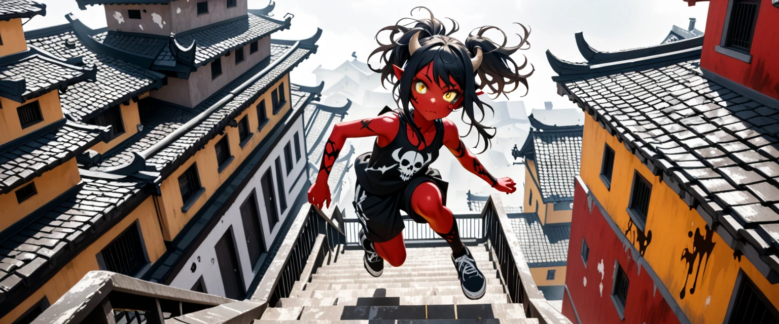 small Demon Girl with medium long black hair with white streaks , (oily messy hair) , (ponytails), skull color deamon horns, snake yellow eyes, red skin, full body view, does parkour over roofs and stairs and rolls off at the end