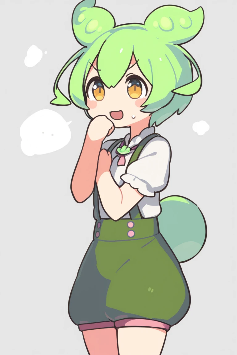   One Girl ,Zundamon,  voice box with loose chin , green hanging shorts 、 green tie 、 white short sleeve blouse、  green hair,、 European woman with her mouth wide open 、 random pose 、 cute、