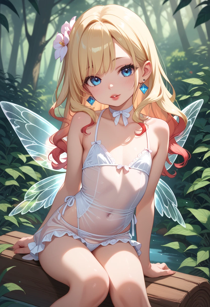 ( Absurd, High quality, ultra-detailed, masterpiece, concept art, smooth, highly detailed artwork, hyper-realistic painting ) , , strawberry girl, Strawberries, cute, whole body, Romantic, Vivid, dreamy, fantasy, fairy wings, in the forest, enchanting glow, very detailed art, reveal clothes, sexy lace underwear,  transrarrent clothnes, perky niples