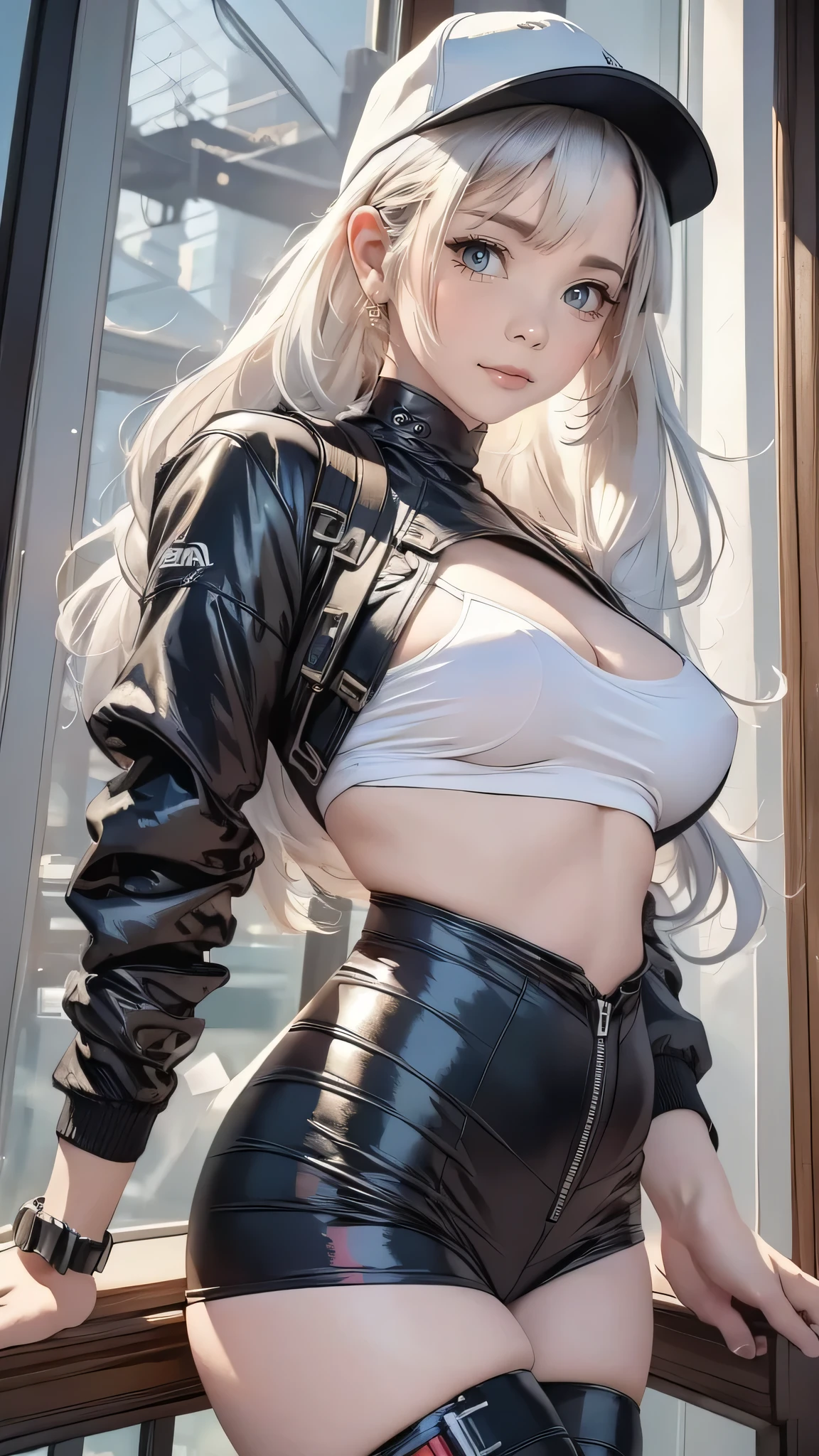 masterpiece,  top quality , 4K,  super high res, mishoujo, Painting, beautiful eyes and detailed face ,  illustrations,  beautiful details, high resolution  illustrations, Shine_white_particle,  One girl , white hair, Light purple eyes, Hair on one eye,  Short Side Tail,  baseball cap, No Emotion,  window shade ,  black jacket , Chest Rig,  cyberpunk, Techwear,(Impressionism :1.4)