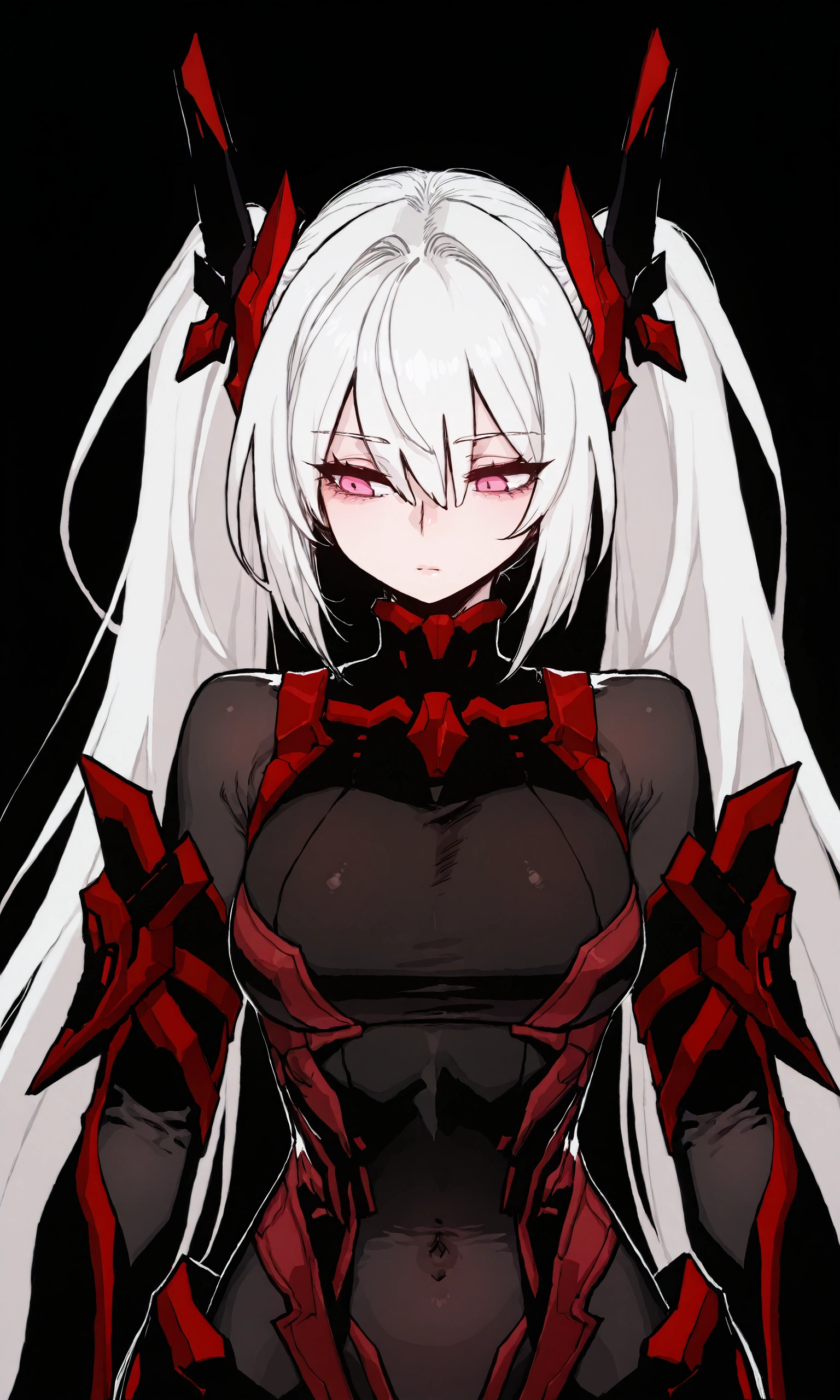 (ratatat74 style:0.7), (ssambatea style:0.8), 1girl, anime, Oblivion, pink eyes, white hair, long hair, twintails, headgear, Oblivion clothes, navel visible through clothes, black bodysuit, upper body, innexpressive, black background, simple background, masterpiece, best quality, amazing quality, very aesthetic, high resolution