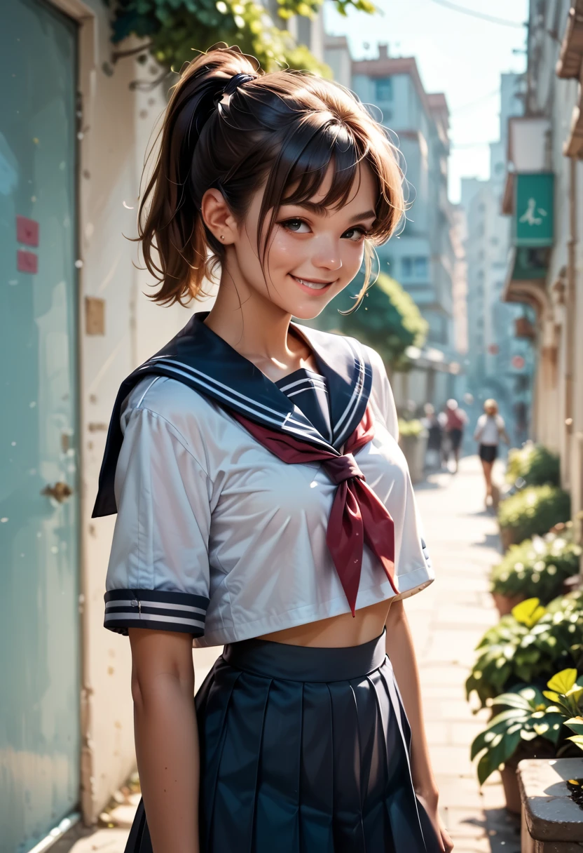  short girl,  sailor suit,  ponytail, standing, smile