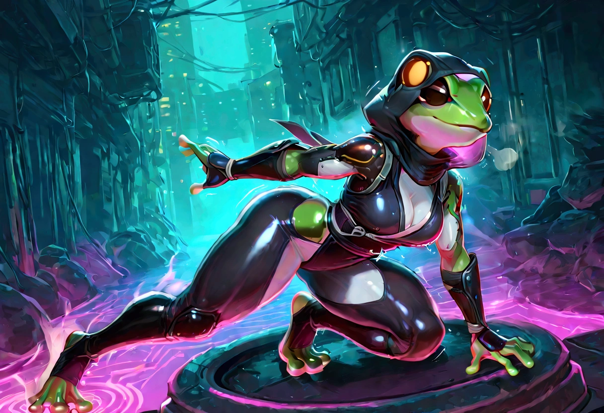 Anthropomorphic frog, Female frog ninja, cobra hood, wearing ninja clothes, cyberpunk, sexy, well-toned and, struggling in fear to escape a strong vortex