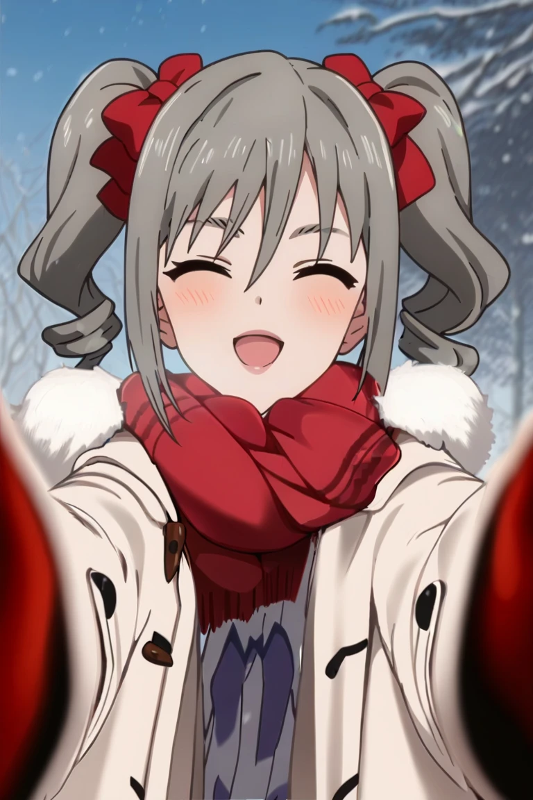 score_9, score_8_up, score_7_up, best quality, masterpiece, anime screencap, anime coloring, 1girl, solo, looking at viewer, outside, ranko kanzaki, twin drills, long hair, hair bow, pov cheek warming, pov cheek warming (meme), winter gloves, duffel coat, fur-trimmed scarf, winter clothes, red mittens, meme, winter coat, red scarf, fur-trimmed coat, reaching towards viewer, reaching, mittens, fur-trimmed hood, white coat, open coat, scarf, coat, red gloves, snowing, pov, fur trim, depth of field, smile, blush, open mouth, closed eyes, serious face