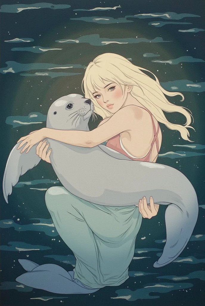 ((line-art Anime, manga aesthetic, highly detailed, vibrant colors, dynamic lighting, soft shading, 8k resolution, masterpiece)),(((1girl_seal:1.2)))A woman emerging from water, with a seal climbing up beside her to embrace her, symbolizing harmony and connection. The woman has long, flowing hair, wearing a simple, elegant dress that drapes gently around her body, creating a sense of ethereal beauty. The seal, with smooth fur and expressive eyes, gently wraps its flippers around her in a tender embrace. The scene is set in a serene, mystical landscape with soft, glowing light filtering through the water. The background is filled with gentle waves and mist, creating a peaceful atmosphere. The scene is highly detailed with dynamic lighting and vibrant colors, bringing out the contrast between the dark depths of the water and the illuminated figure of the woman and the seal. The art style is anime-inspired with manga aesthetics, soft shading, and vibrant hues that make the characters stand out beautifully. The image is rendered in 8k resolution, creating a sense of depth and intricacy in every detail, showcasing the masterpiece of this serene, magical moment."