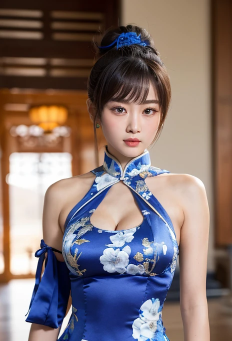 16K quality、最 High Quality 、 high res、 real pictures、((Long Hit、 looks like the whole body is shown ))、((SF2 Chunliの青い china dress))、(((SF2 Chunli&#39;Blue and Navy)  china dress、 puff sleeve、White Band、 low angle shot )))、(光沢のある china dress、詳細な china dressの詳細)、A blue box with gold trim、Gold trim、(Black Wristband)、((Blue Fordrop))、(((I) In the form of balance、Please raise one leg straight 、 stretch your legs 、  raise the leg above the head  :1.5)))、(((high kick)))、 ( bun hair 、Grey hair clip、Ribbon knot)、(( Chinese inner side )  Night Town、neon、 I'm on the road ))、Fカップの巨乳が膨らむ china dress、 china dressを中心に、 perfect body、perfect hand、Perfect means、A masterpiece with realistic features 、( long legged supermodel ) 、緻密で beautiful唇、くっきりとした beautiful顔立ちと均整のとれた目、（very  beautiful and discreet makeup、Light Makeup、Well-groomed nose 、 thin eyebrows）、（Soft light、 High Quality 、Smooth and sharp、10x pixels、 beautiful）  eyeshadow: 1.8)、Sexual arousal、smile、(Sharp V-zone)、( cute Japanese women in their 20s、正面を向いて staring at the camera、 wet and shiny dark brown hair )、(( Dynamic Poses、open)  lift both legs and look at the crotch from the apron side .)）、(真下に垂れる青い china dressの前))、(( very beautiful and modest Makeup 、光沢のある very beautiful and modest Makeup が beautiful))、(((White enamel )  knee-high boots))、(Shiny blue crotch)、 lower angle 、 and a crying face 、 Taimo emphasis、 Bangs Hairstyle 、Delicate body、 slim、entity、 Textured Skin、Light-reflecting skin、 Tight proportions 、 Model Body Type 、  detail finger  、 beautiful目、 has long eyelashes、８Head and body、 lower angle 、 light in the eyes 、Small face、 double eyelids、 big eyes、 lip gloss、 staring at the camera、Background blur、Frontal video lighting、 Eyes 