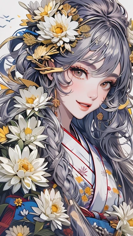  long silvery hair ,  hair is sharp like a needle , hair is partially inverted, eyes are snake eyes  ,  white skin like snow  , smiling mouth,All teeth are sharp  ,  gorgeous black Japanese kimono ,Chrysanthemum pattern , yellow chrysanthemum flowers , red chrysanthemum flowers ,White Chrysanthemum,The background is a boned dragon and a pile of bones 