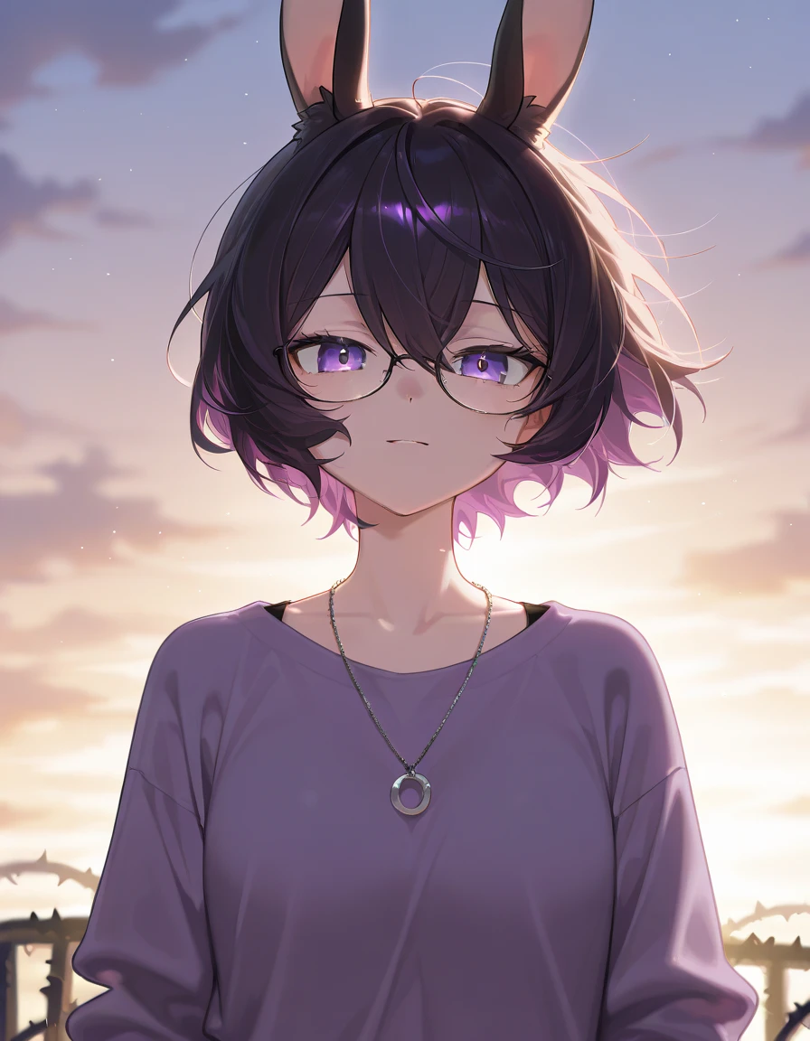 Make a Fursona Furry black rabbit femboy with purple eyes and a purple sweatshirt and also wearing glasses and with a necklace of thorns make the image as if it were from an anime 