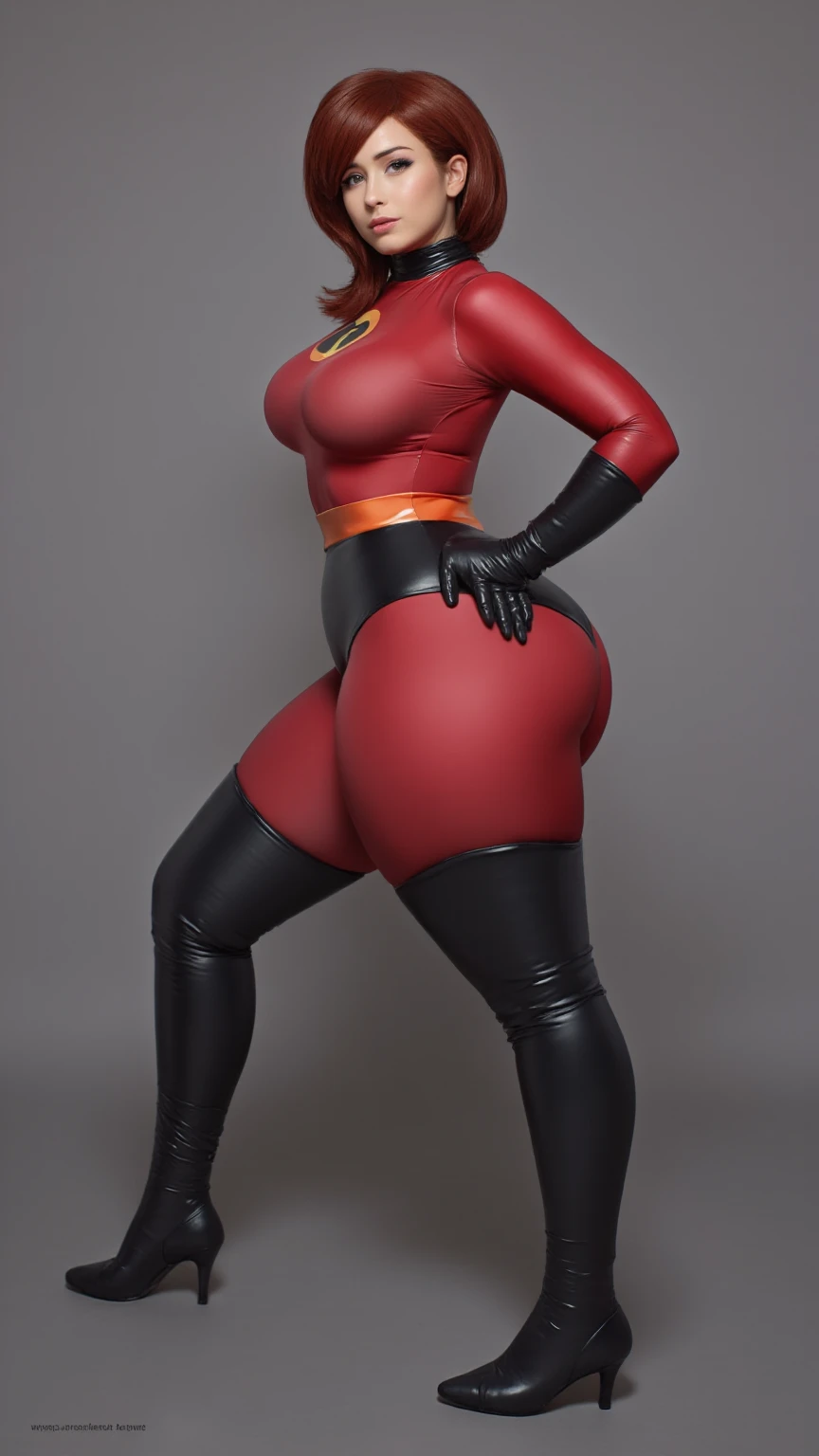 Hot Elastigirl, Hellen Parr, wide hips, thick legs, sensual, high panties, micro tight suite, looking to the viewer, 2.5D style