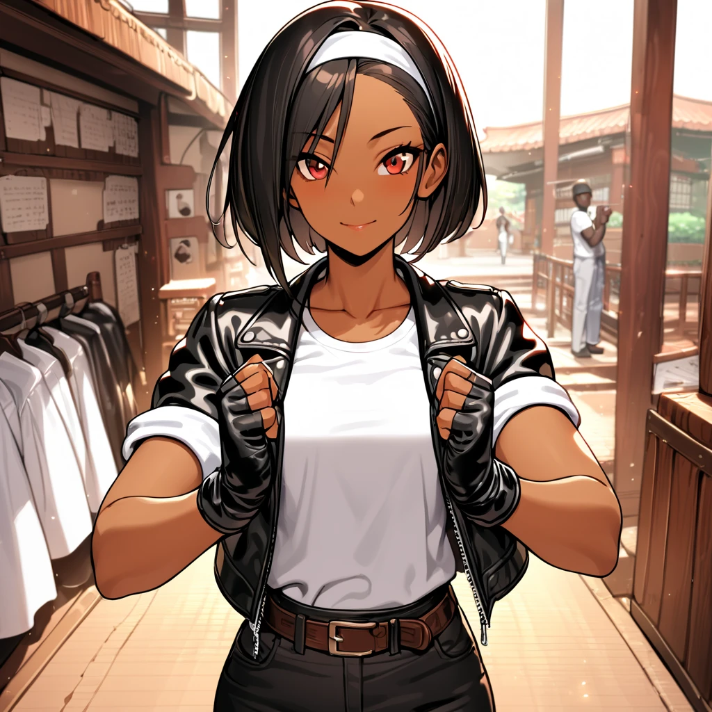 (( amazingly strange )),(Masterpiece:1.2)), super Kampala, attention to detail, high quality, Kampala, top quality, 4K, 8k, girl taking selfie, hands together to make a request, short bob, black hair, red eyes, dark skin, ((black leather jacket with rolled up sleeves)), Fingerless gloves, white t-shirt, (( white headband )), open jacket, black pants, white boots, brown belt, shrine , black dots, front angle

