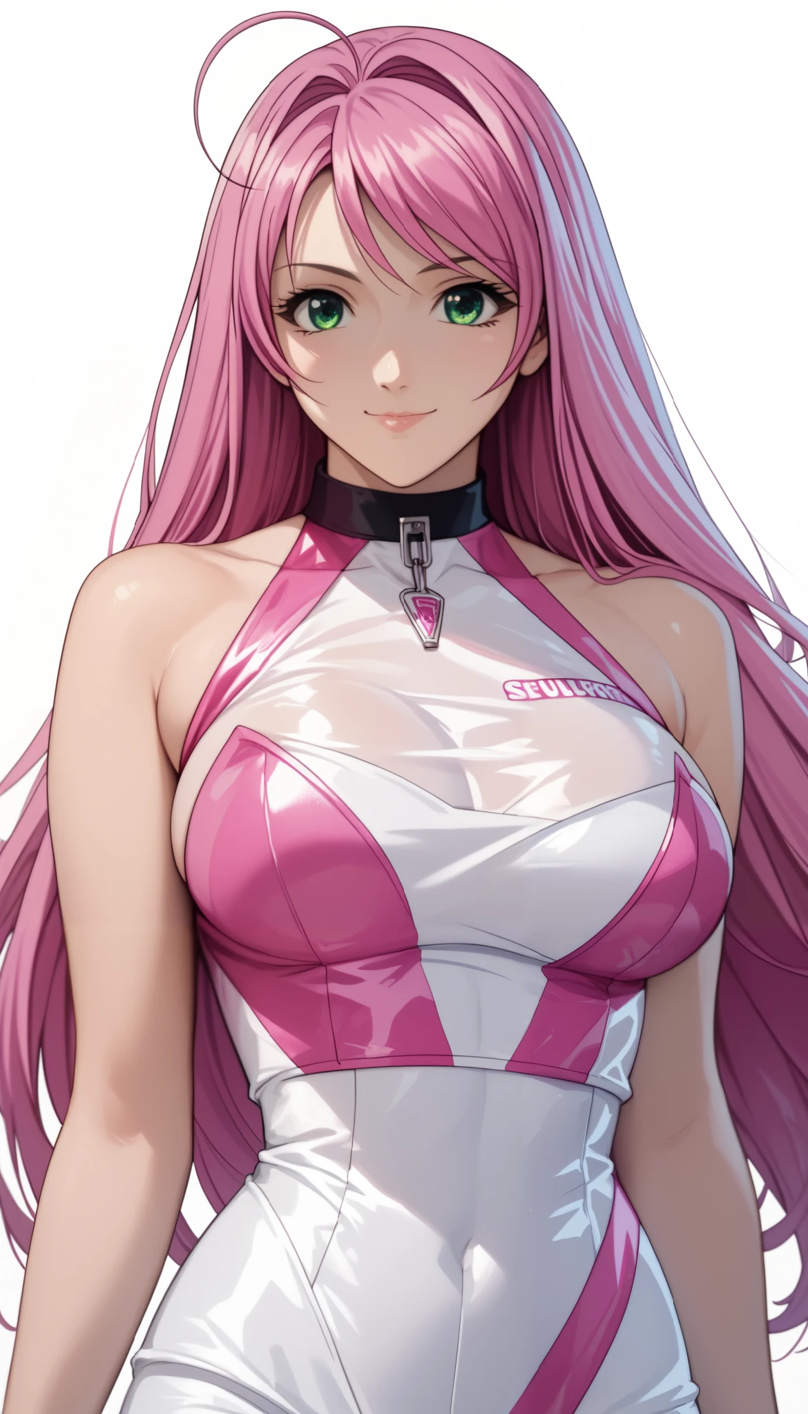 normal moka akashiya, long hair, green eyes, pink hair, ahoge, large breasts, race queen outfit, light smile,Shiny Hair、Tight waist、Small waist、Glowing Skin、(white background:1.2)、eight-headed body、Beauty、