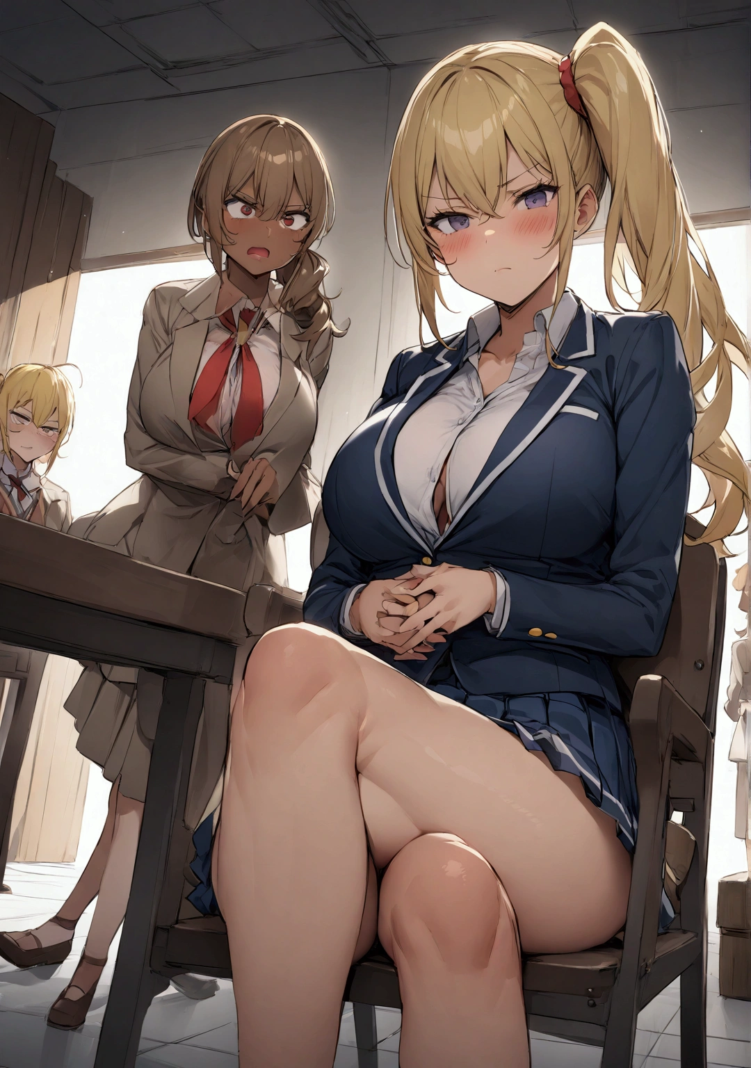 ((masterpiece、Highest quality、Detailed Anime))、Bad group of female students, (In the classroom), snap shot、Revealing clothing、Various Hair Styles, Harem,Evil friend、 lure、Taunt、Bitch、((Full nudity、Small breasts、Pussy))、Bad pose、Acting tough、Post-apocalyptic,Rough classroom、 Detailed aspect, Short skirt, lureする, , Dirty body, Broken glass