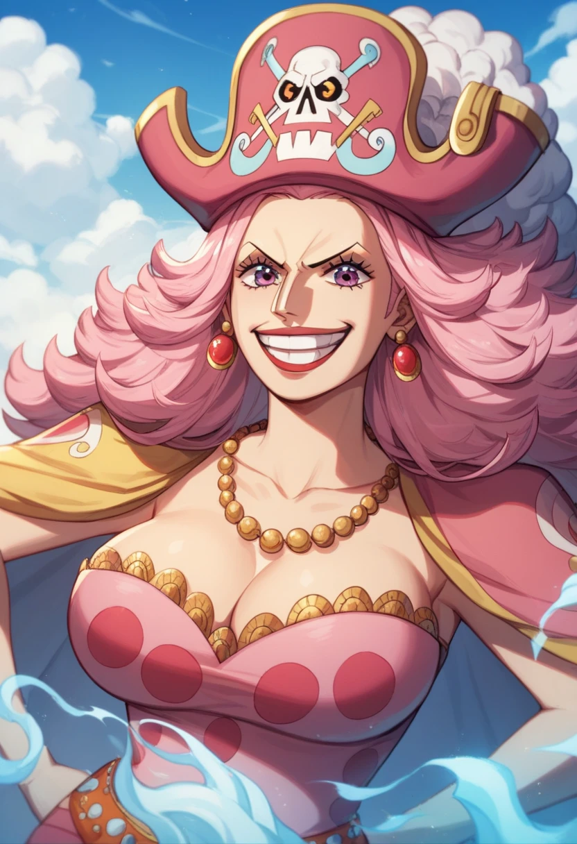 Create an image of a towering and powerful pirate queen with an aura of dominance and chaos. She has wild, flowing pastel-colored pink hair and a wide, menacing grin. Her outfit is flamboyant, featuring a vibrant dress with candy-themed patterns and gold accessories. Her presence is intimidating yet regal, with a massive pirate hat decorated with skull motifs and sweets. The setting is a fantastical candy-themed island under a stormy sky, with giant desserts and swirling clouds in the background. Her expression combines playful mischief with raw authority, and she holds a massive, enchanted sword crackling with energy. Big Mom of One Piece

