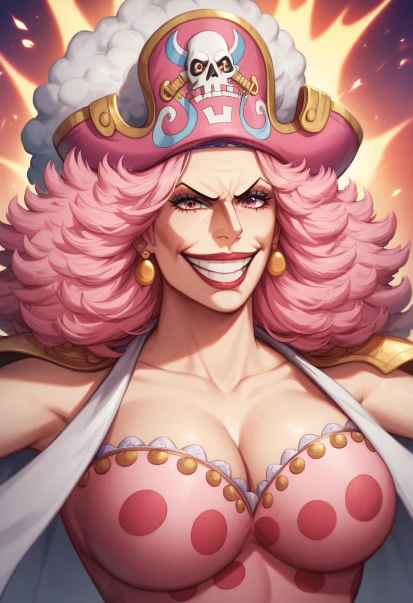 Create an image of a towering and powerful pirate queen with an aura of dominance and chaos. She has wild, flowing pastel-colored pink hair and a wide, menacing grin. Her outfit is flamboyant, featuring a vibrant dress with candy-themed patterns and gold accessories. Her presence is intimidating yet regal, with a massive pirate hat decorated with skull motifs and sweets. The setting is a fantastical candy-themed island under a stormy sky, with giant desserts and swirling clouds in the background. Her expression combines playful mischief with raw authority, and she holds a massive, enchanted sword crackling with energy. Big Mom of One Piece

