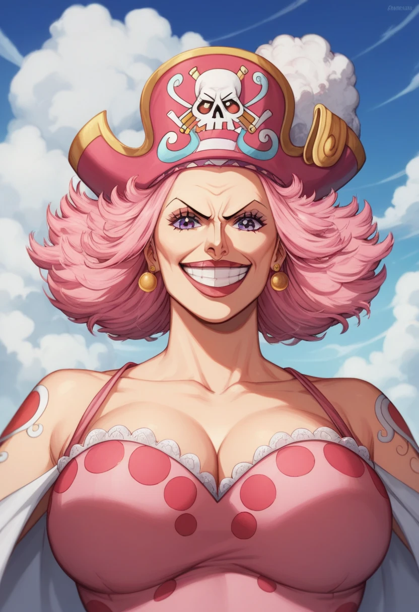 Create an image of a towering and powerful pirate queen with an aura of dominance and chaos. She has wild, flowing pastel-colored pink hair and a wide, menacing grin. Her outfit is flamboyant, featuring a vibrant dress with candy-themed patterns and gold accessories. Her presence is intimidating yet regal, with a massive pirate hat decorated with skull motifs and sweets. The setting is a fantastical candy-themed island under a stormy sky, with giant desserts and swirling clouds in the background. Her expression combines playful mischief with raw authority, and she holds a massive, enchanted sword crackling with energy. Big Mom of One Piece

