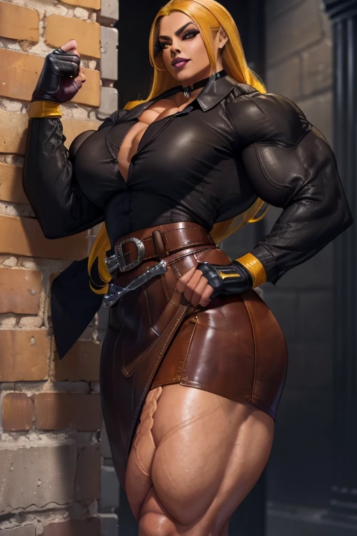((Close-up)), tall, (yellow hair) beautiful muscular Latino woman, long flowing hair, light brown skinned, closed smile, (black lipstick), (massive muscles), (hyper muscle), (ginormous bulky muscles), glowing gray eyes, (((long black zipped jacket))) ((long black pleated skirt)), choker, boots, night in Scotland, 