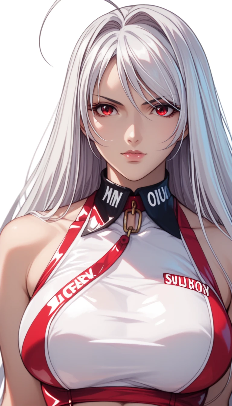 vampire moka akashiya, long hair, red eyes, ahoge, white hair, large breasts,  race queen outfit,Shiny Hair、Tight waist、Small waist、Glowing Skin、(white background:1.2)、eight-headed body、Beauty、