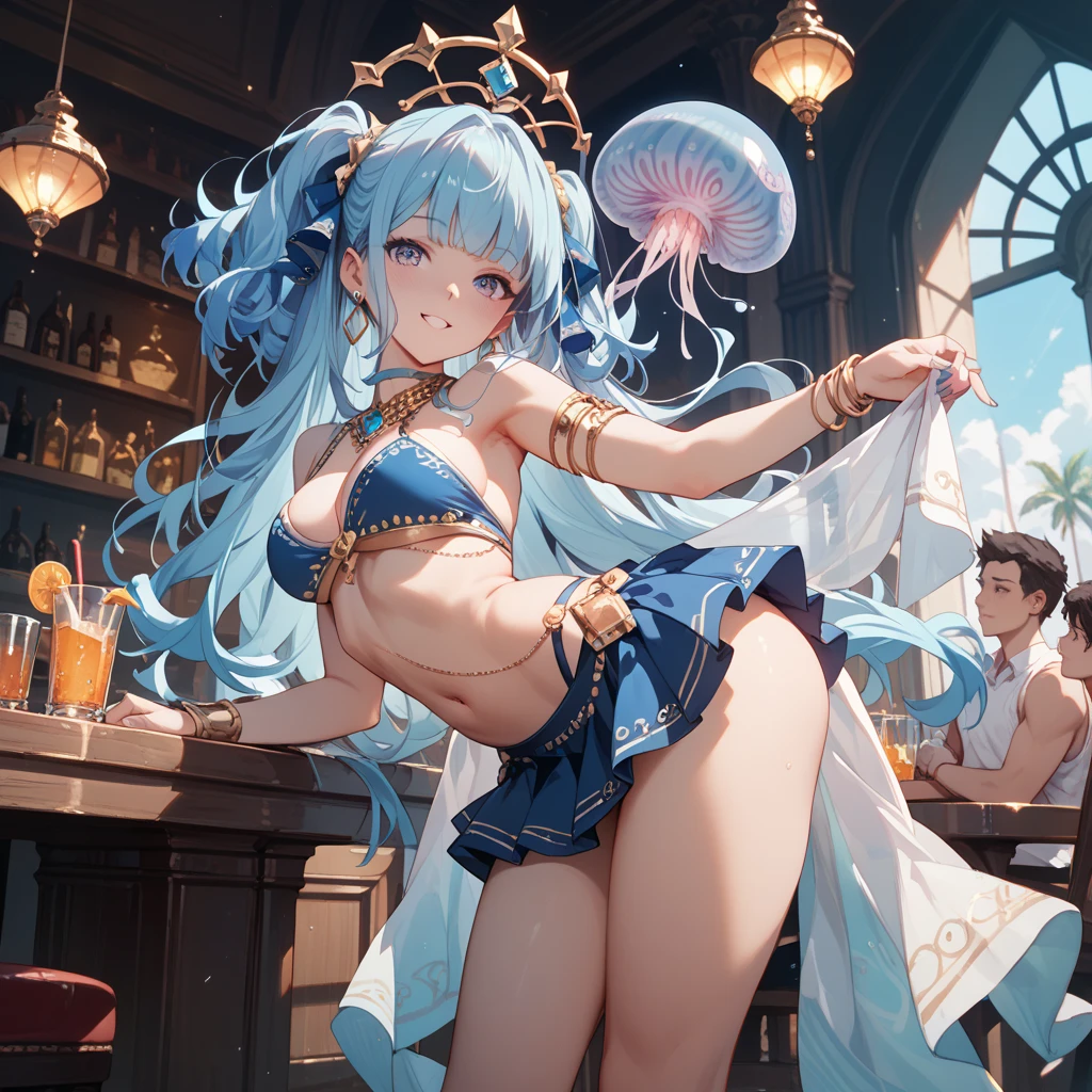 (masterpiece, best quality),best quality, (ultra-detailed), (3heads:1.4), 1girl, (label girl (dipp):1.3), masterpiece, best quality, white top, crop top, ((stomach)), midriff, ((groin)), red skirt, normal ears, shackles, blue hair, very long hair, wavy hair, sidelocks, yellow eyes, parted lips, single horn, sweat, cute, toned belly, hand on own chest, eyelashes, (22 year old woman:1.3), (masterpiece:1.4), (best quality:1.4), (beautiful detailed extremely detailed CG, extremely delicate and beautiful, depth of field, (finely detailed face), (perfect details:1.1), (mature female:1.3), wide pelvis, slender, large veiny breast, 8k resolution, high quality, high definition, extremely detailed, masterpiece, best quality, blue hair, long hair, alluring presence, braid, short skirt, close up, big tits, young, star hair ornament, yellow ribbon, side ponytail, cabbie hat, hair ornament, 