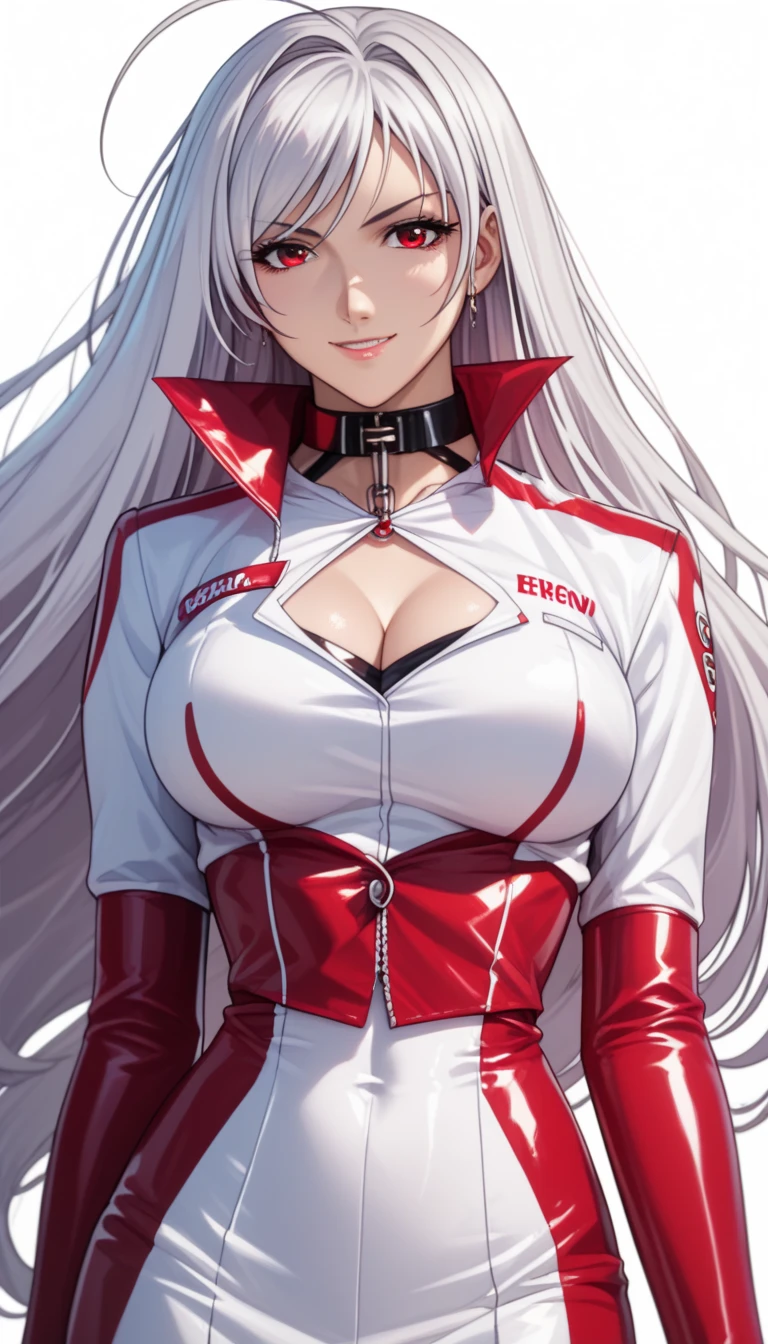 vampire moka akashiya, long hair, red eyes, ahoge, white hair, large breasts,  race queen outfit, light smile,Shiny Hair、Tight waist、Small waist、Glowing Skin、(white background:1.2)、eight-headed body、Beauty、