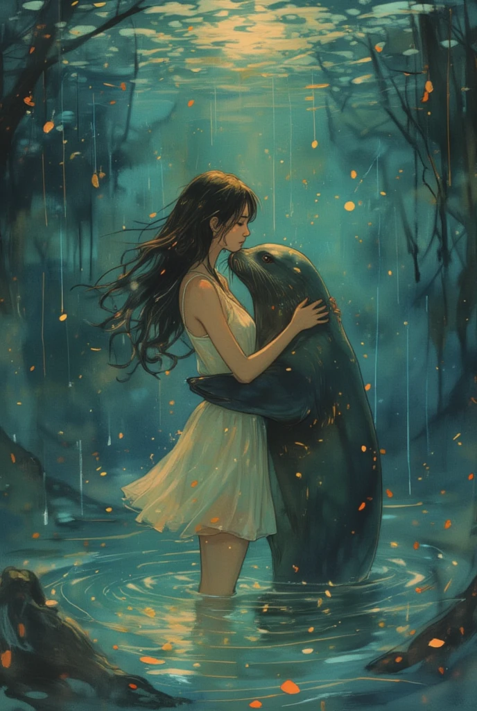 ((line-art Anime, manga aesthetic, highly detailed, vibrant colors, dynamic lighting, soft shading, 8k resolution, masterpiece)),(((1girl_seal:1.2)))A woman emerging from water, with a seal climbing up beside her to embrace her, symbolizing harmony and connection. The woman has long, flowing hair, wearing a simple, elegant dress that drapes gently around her body, creating a sense of ethereal beauty. The seal, with smooth fur and expressive eyes, gently wraps its flippers around her in a tender embrace. The scene is set in a serene, mystical landscape with soft, glowing light filtering through the water. The background is filled with gentle waves and mist, creating a peaceful atmosphere. The scene is highly detailed with dynamic lighting and vibrant colors, bringing out the contrast between the dark depths of the water and the illuminated figure of the woman and the seal. The art style is anime-inspired with manga aesthetics, soft shading, and vibrant hues that make the characters stand out beautifully. The image is rendered in 8k resolution, creating a sense of depth and intricacy in every detail, showcasing the masterpiece of this serene, magical moment."