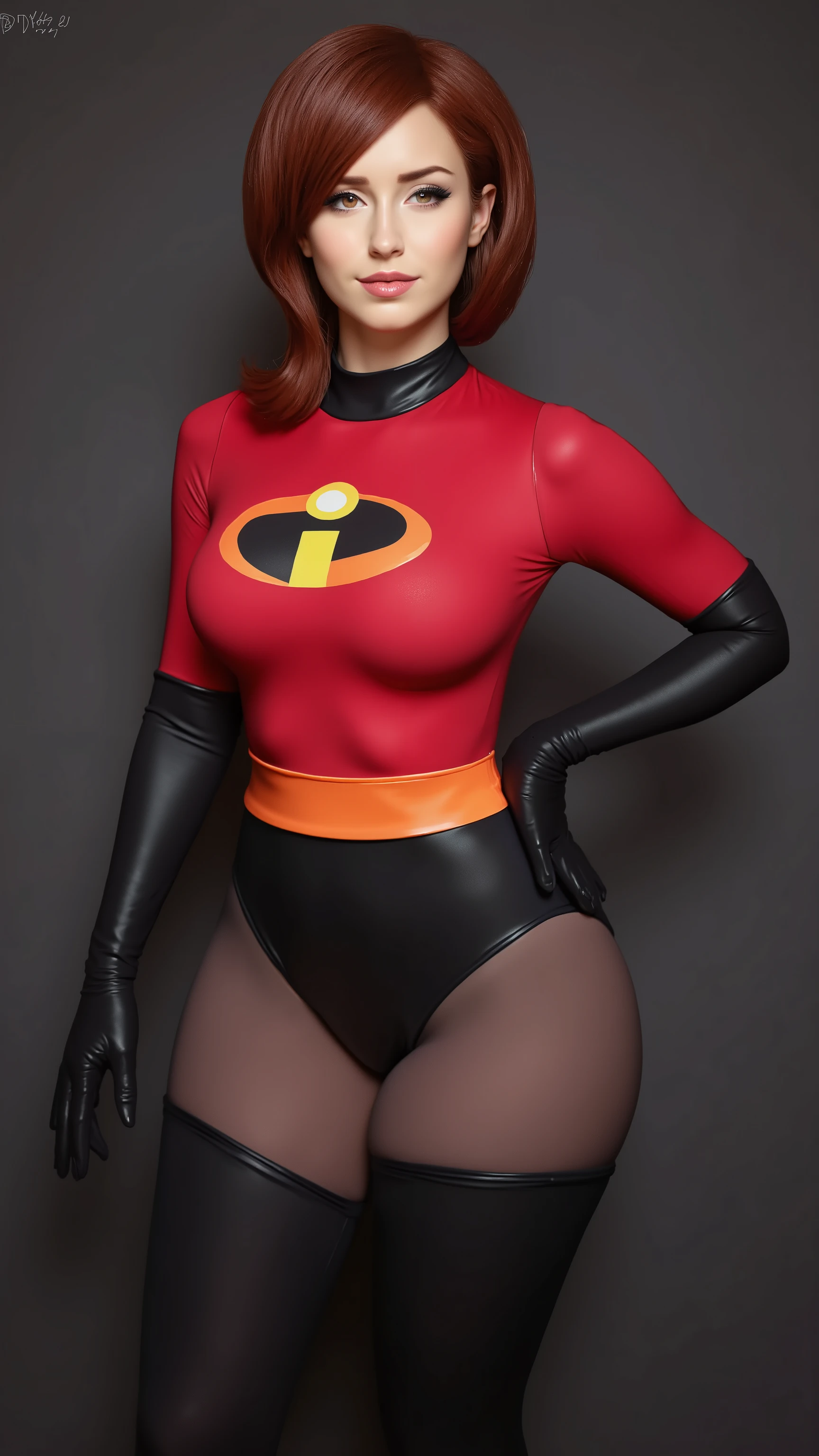 Hot Elastigirl, Hellen Parr, wide hips, thick legs, sensual, high panties, micro tight suite, looking to the viewer, 2.5D style