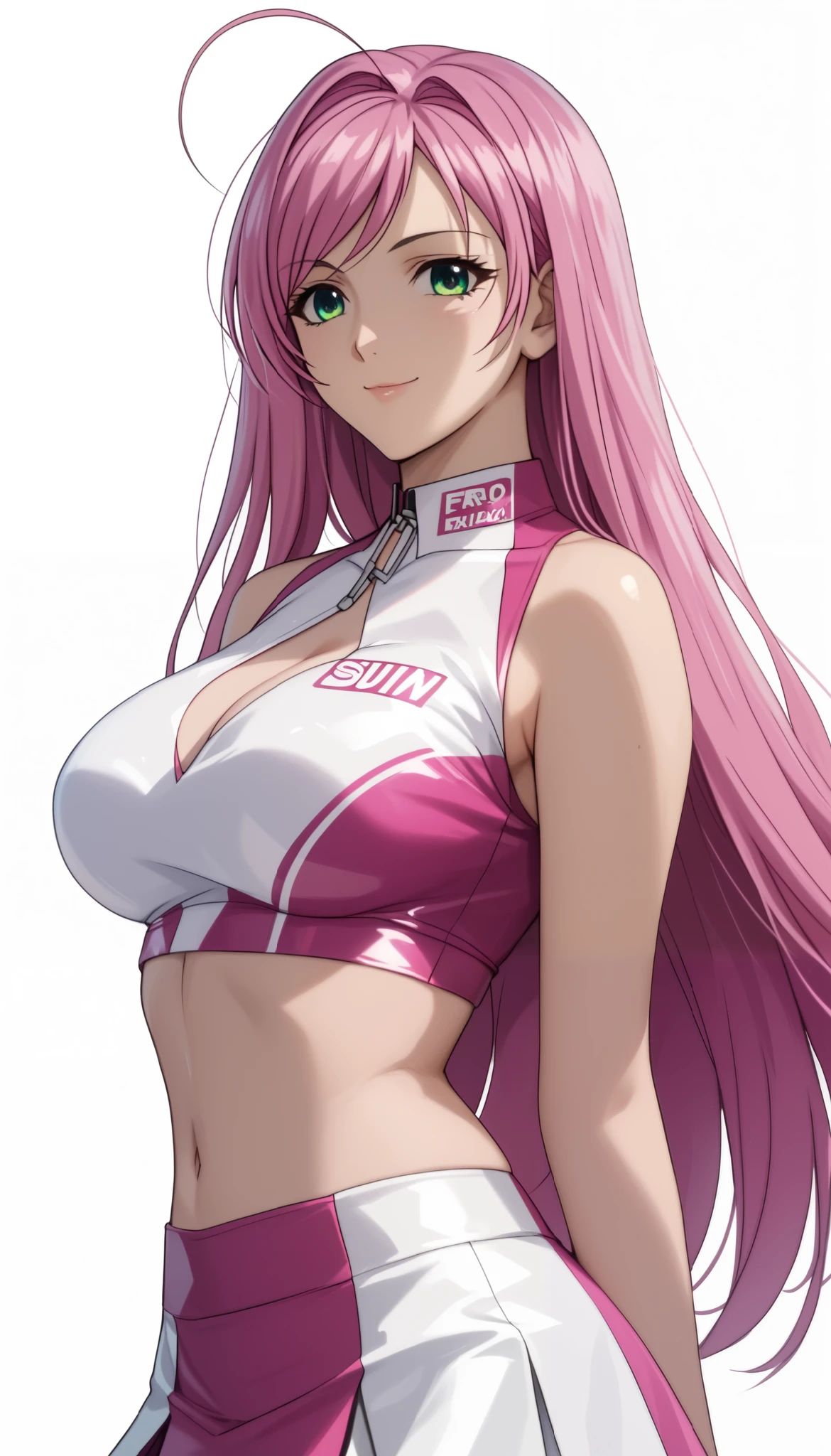 normal moka akashiya, long hair, green eyes, pink hair, ahoge, large breasts, race queen, skirt, midriff, crop top, light smile,Shiny Hair、Tight waist、Small waist、Glowing Skin、(white background:1.2)、eight-headed body、Beauty、