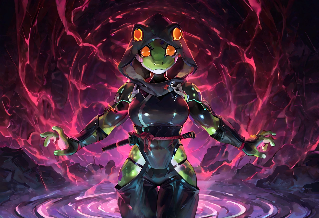 Anthropomorphic frog, Female frog ninja, cobra hood, wearing ninja clothes, cyberpunk, sexy, well-toned abs, frightened expression, violently pulled in to a whirlpool