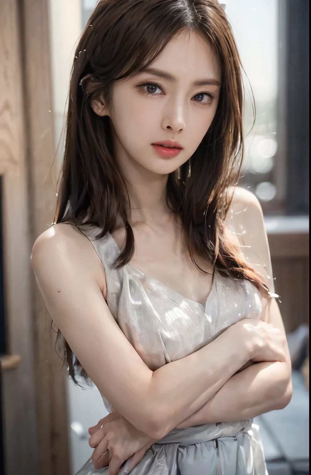 (best qualtiy,A high resolution,tmasterpiece:1.3),A tall and beautiful woman,Slender abs,Dark brown hair in loose wavy styling,Large breasts,cleavage,Wear a pendant,white button-down blouse,obi strip,a black skirt,(Modern architecture in background),Beautifully rendered details in face and skin textures,Detailed eyes,二重まぶた